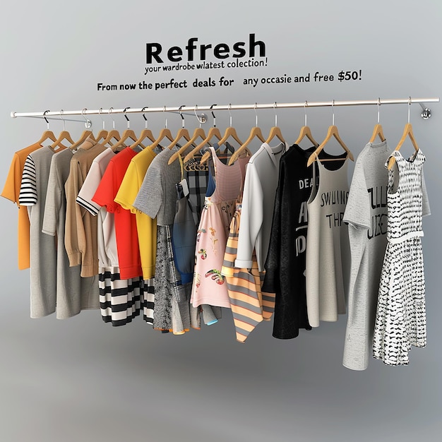 3D-Rendered-Foto von Erfrischung der Garderobe mit der neuesten Kollektion Von Casual-T-Shirts bis hin zu stilvollen Kleidern