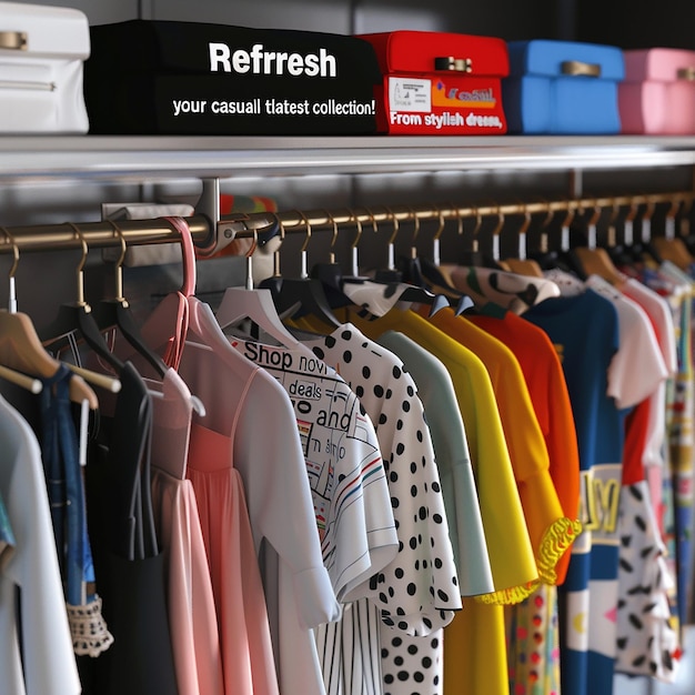 3D-Rendered-Foto von Erfrischung der Garderobe mit der neuesten Kollektion Von Casual-T-Shirts bis hin zu stilvollen Kleidern