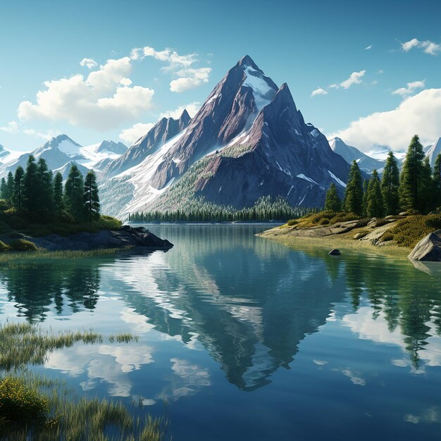 3D-Rendered-Foto von Freifoto ein Gemälde eines Bergsees mit einem Berg