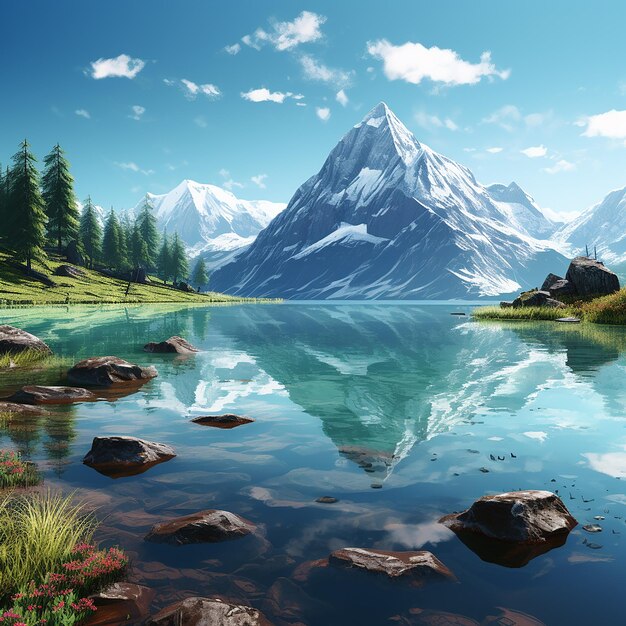 3D-Rendered-Foto von Freifoto ein Gemälde eines Bergsees mit einem Berg