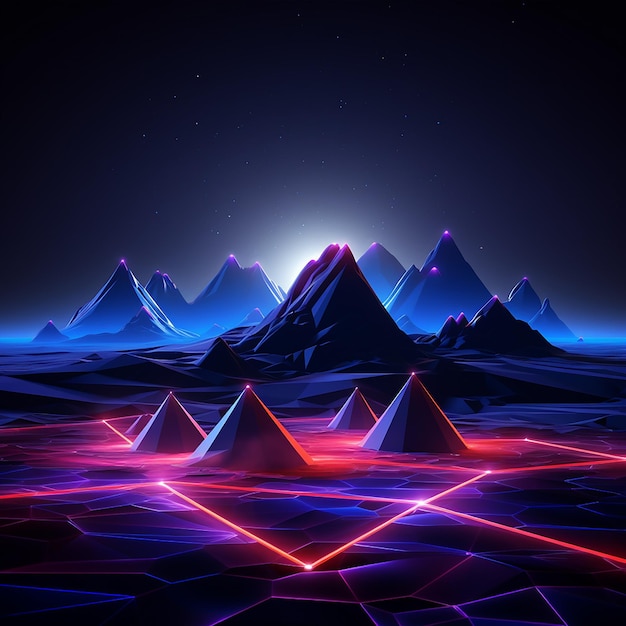 3D-Rendered-Fotos von abstrakten Neon-Hintergründen, geometrischen Formen, Nachtlandschaften mit Hügeln und Felsen