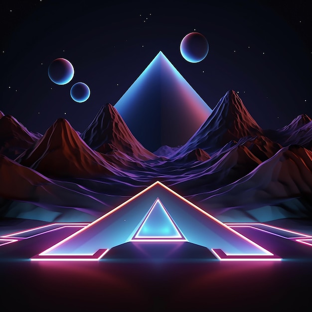 3D-Rendered-Fotos von abstrakten Neon-Hintergründen, geometrischen Formen, Nachtlandschaften mit Hügeln und Felsen