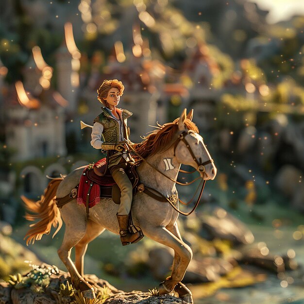 Foto 3d-rendered-fotos von anime-jungen, die auf pferden reiten. fantasy-disney-fotos aus der nähe.