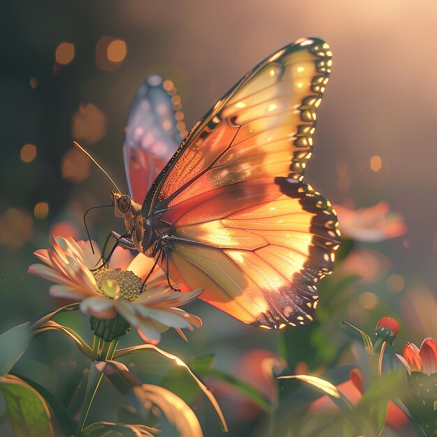 3D-Rendered-Fotos von bunten Schmetterlingen auf Blumen aus der Nähe von Nikon D850 105mm f 18 kinematografisch