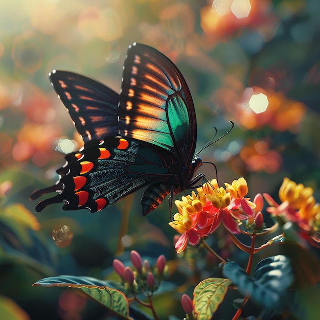 3D-Rendered-Fotos von bunten Schmetterlingen auf Blumen aus der Nähe von Nikon D850 105mm f 18 kinematografisch