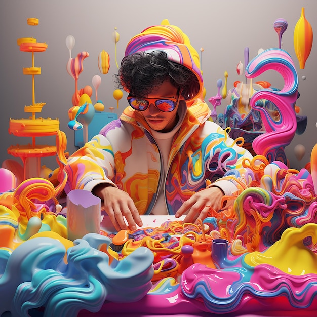 3D-Rendered-Fotos von Künstlern, die Kunst mit lebendigen Farben machen