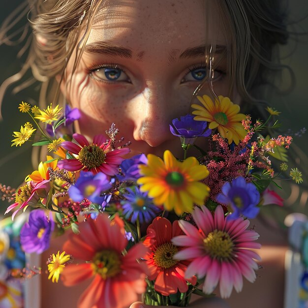 Foto 3d-rendered-fotos von mädchen in nahaufnahme, die einen bunten blumenstrauß in der hand hält