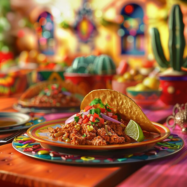 3D-Rendered-Fotos von mexikanischem traditionellem Essen, das in einem Restaurant im mexikanischen Stil serviert wird