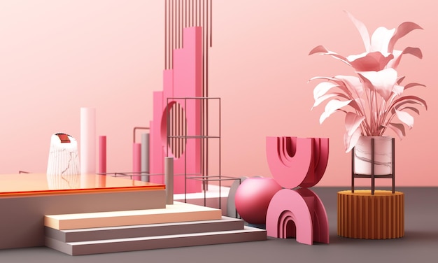 Foto 3d-rendered-illustration mit geometrischen formen pastellfarben plattformen für die produktpräsentation tropische pflanzen blattbaum topf abstrakte komposition im modernen stil minimalistisches design mit leerem raum