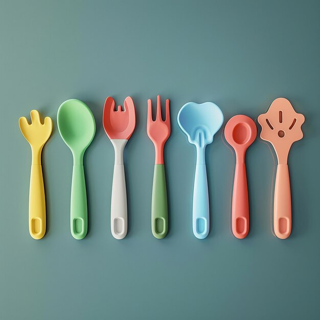 Foto 3d rendered photos of cartoon cutlery of different cartoon shapes on handle low poly