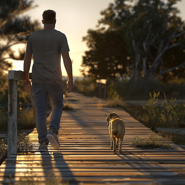 Foto 3d rendered photos of street snap of young man in tshirt walking on a wooden boardwalk with dog