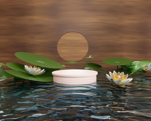 3D-Rendered-Produkt-Podium-Basis-Anzeige auf Wasser- und Lotus- und Holzszene