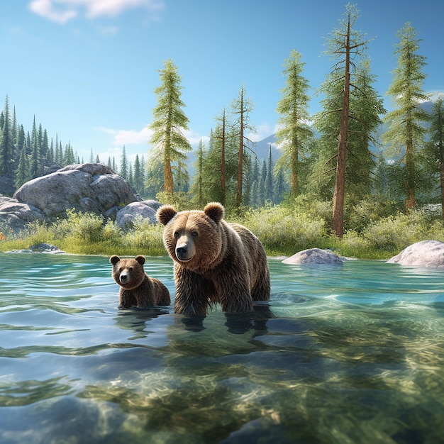 3d rendered Um urso e seu filhote estão nadando na água Vista de urso selvagem urso caminhando na floresta