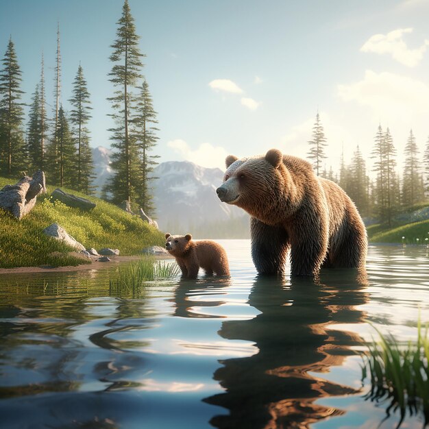 3d rendered Um urso e seu filhote estão nadando na água Vista de urso selvagem urso caminhando na floresta