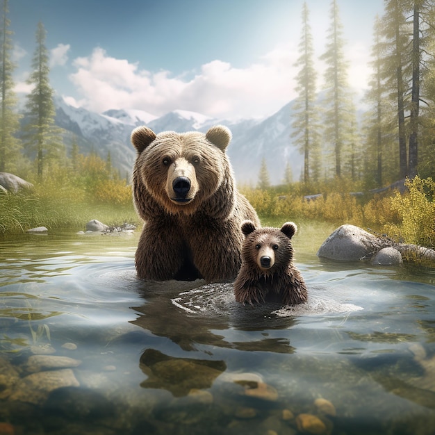 3d rendered Um urso e seu filhote estão nadando na água Vista de urso selvagem urso caminhando na floresta