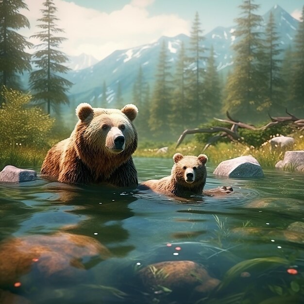 3d rendered Um urso e seu filhote estão nadando na água Vista de urso selvagem urso caminhando na floresta