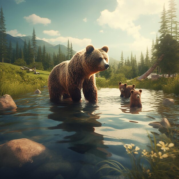 Foto 3d rendered um urso e seu filhote estão nadando na água vista de urso selvagem urso caminhando na floresta