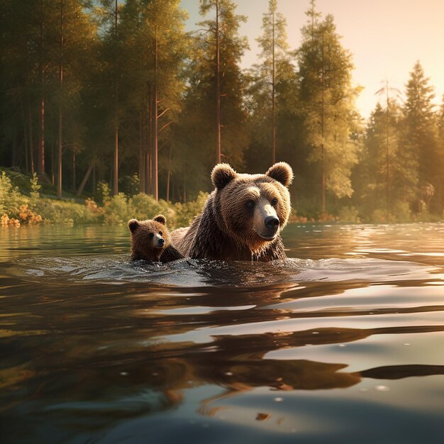 Foto 3d rendered um urso e seu filhote estão nadando na água vista de urso selvagem urso caminhando na floresta