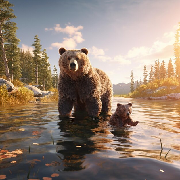 3d rendered Um urso e seu filhote estão nadando na água Vista de urso selvagem urso caminhando na floresta