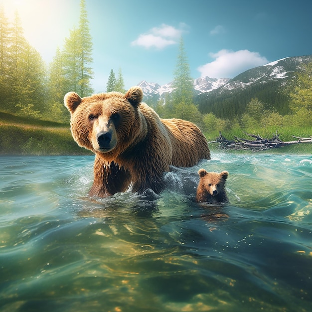 3d rendered Um urso e seu filhote estão nadando na água Vista de urso selvagem urso caminhando na floresta