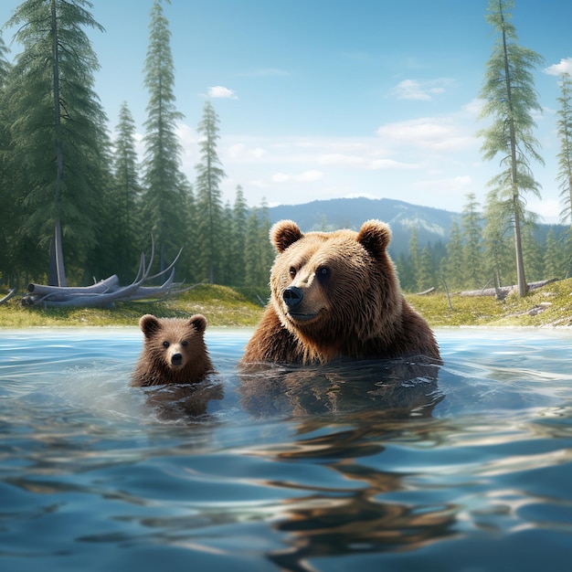 3d rendered Um urso e seu filhote estão nadando na água Vista de urso selvagem urso caminhando na floresta