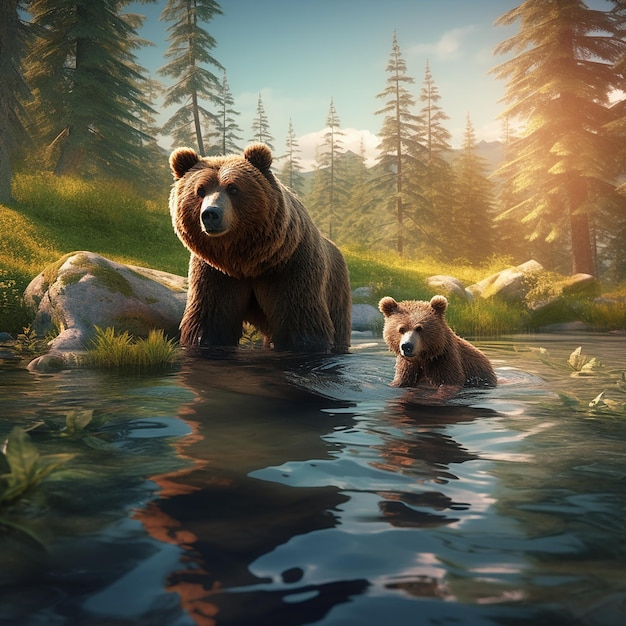 3d rendered Um urso e seu filhote estão nadando na água Vista de urso selvagem urso caminhando na floresta