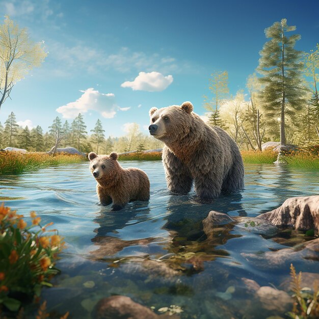 3d rendered Um urso e seu filhote estão nadando na água Vista de urso selvagem urso caminhando na floresta