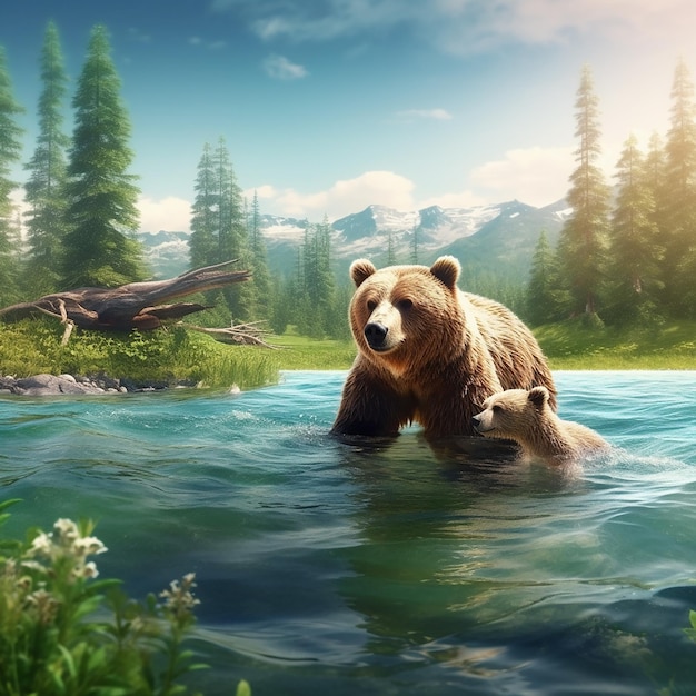 3d rendered Um urso e seu filhote estão nadando na água Vista de urso selvagem urso caminhando na floresta