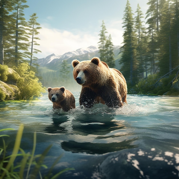 3d rendered Um urso e seu filhote estão nadando na água Vista de urso selvagem urso caminhando na floresta