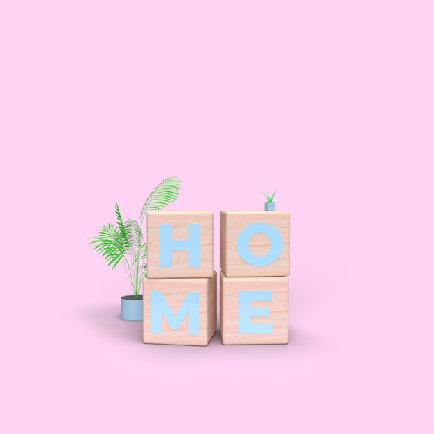 3D-Renderholzwürfel mit der Aufschrift home auf rosafarbenem Hintergrund