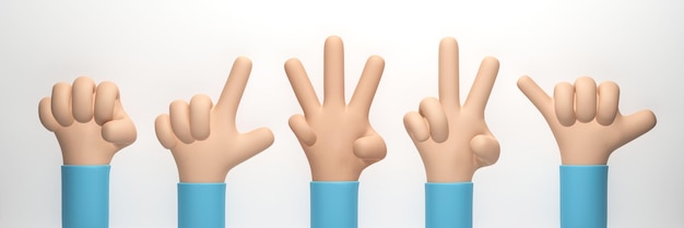 3D-Rendering 3D-Darstellung Die Hand zeigt verschiedene Gesten, die auf weißem Hintergrund isoliert sind Einfache Hände im Cartoon-Stil