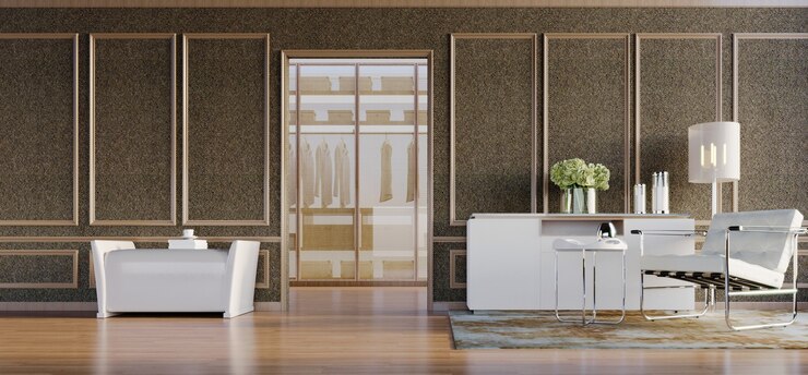 3D-Rendering, 3D-Darstellung, Innenszene und Mockup, braune Stoffwand mit weißem, modernem Sessel und Konsole und Hocker mit Holzrahmenpaneelen