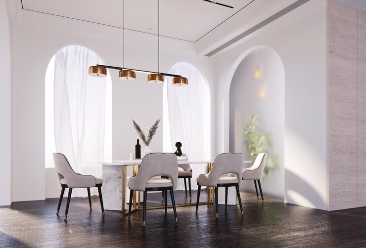 3D-Rendering, 3D-Darstellung, Innenszene und Mockup, Das Esszimmer verfügt über ein sonnendurchflutetes Bogenfenster, einen Marmor-Esstisch und graue Stühle.