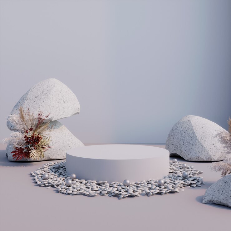 3D-Rendering, 3D-Darstellung, Innenszene und Mockup, Das Podium zeigt weiß getönte Produkte, weiß getönte Steine, Perlen und kleine Steine. rote und braune Zierblumen.