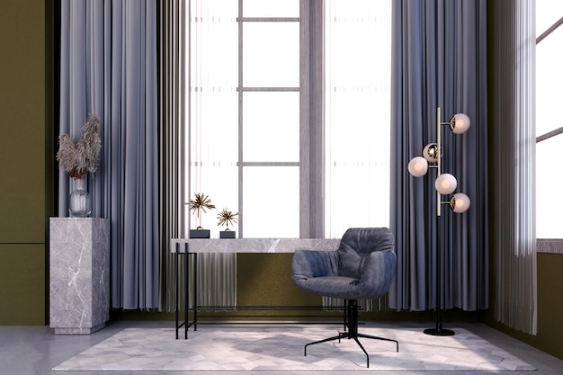 3D-Rendering, 3D-Darstellung, Innenszene und Mockup, Modernes Luxus-Wohnzimmer in Grau- und Gelbtönen mit Maastas, die mit einer Kuppel aus Stehlampen verziert sind.