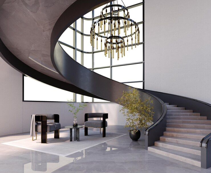 3D-Rendering, 3D-Darstellung, Innenszene und Mockup, Wendeltreppe im modernen Stil und Wohnbereich mit zwei schwarzen Acrylbeinen in einem Sessel.
