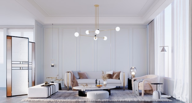 3D-Rendering, 3D-Darstellung, Innenszene und Mockup, Wohnzimmer in Weißtönen Weiße Möbel kontrastieren mit Braun. Raumteiler aus Klarglas mit Goldrand.