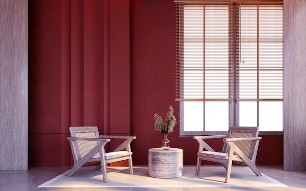 3D-Rendering, 3D-Darstellung, Innenszene und Mockup, Wohnzimmer mit leuchtend roten Wänden, dekoriert mit naturfarbenem Holz im modernen tropischen Stil.