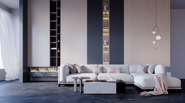 3D-Rendering, 3D-Darstellung, Innenszene und Mockup, Wohnzimmerwand mit Holzregalen und schwarz-weißem L-förmigem Sofa.