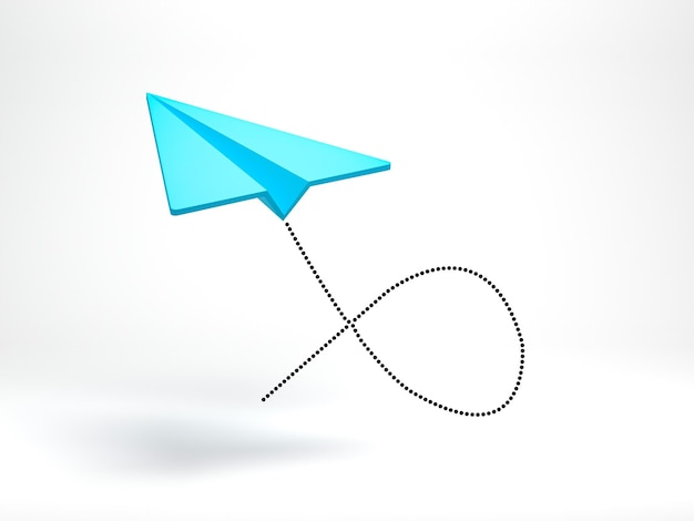 3D-Rendering 3D-Darstellung Papierflieger fliegendes Symbol auf weißem Hintergrund Minimaler Cartoon-Stil