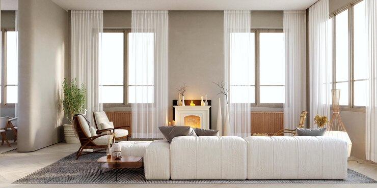 3D-Rendering, 3D-Illustration, Innenszene und Mockup, moderner Wohnbereich, weißes Sofa, dunkler Holzsessel, Tisch in der Mitte, Holzbeine, Glasplatte in der Mitte des Raums, Kamin im Luxusstil.