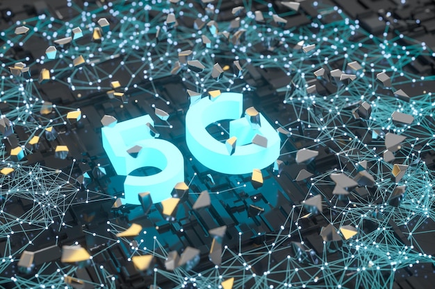 3d rendering 5g fuente y fondo de circuito