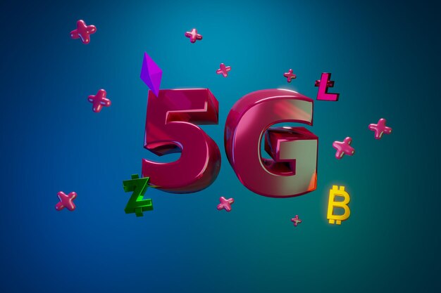 3D-Rendering 5G Hochgeschwindigkeits-Internet Volumetrische Buchstaben mit Symbolen der Kryptowährung