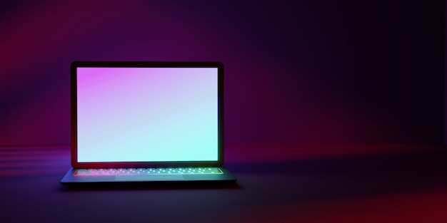 3D-Rendering-Abbildung. Laptop-Computer mit buntem Bildschirm und Tastaturplatz in der Dunkelkammer und rot-blauer Beleuchtung. Bild zur Präsentation.