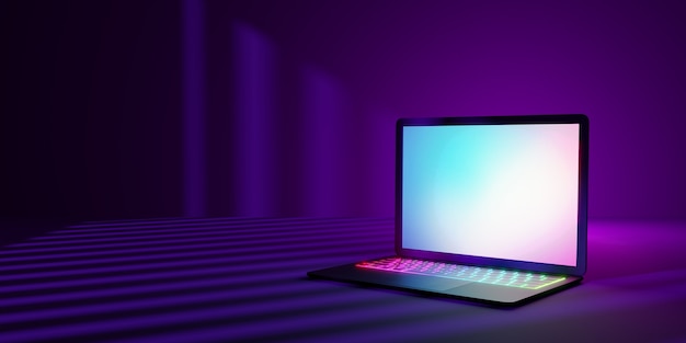 3D-Rendering-Abbildung. Laptop-Computer mit leerem Bildschirm und buntem Tastaturplatz in der Dunkelkammer und violettem Beleuchtungsschatten. Bild zur Präsentation.