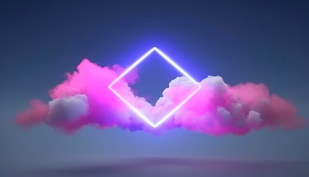 Foto 3d-rendering abstrakt minimaler hintergrund mit rosa blau gelb neonlicht quadratischer rahmen mit kopierraum beleuchtete stürmische wolken leuchtende geometrische form generieren ai