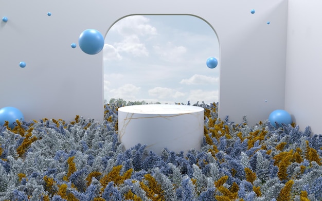 3D-Rendering abstrakte Blumenfeldszene mit Podium