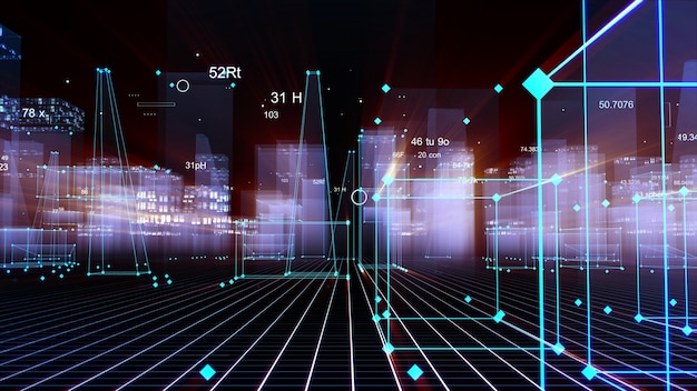 3D-Rendering abstrakte technologische digitale Stadt aus Daten im Cyberspace, Informationsspeicherung im Informationsraum