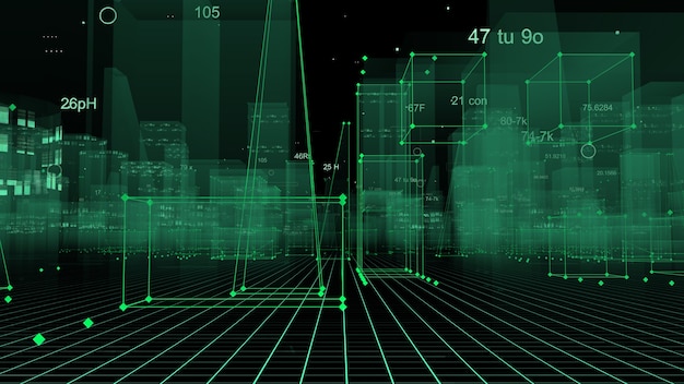 3D-Rendering abstrakte technologische digitale Stadt aus Daten im Cyberspace, Informationsspeicherung im Informationsraum