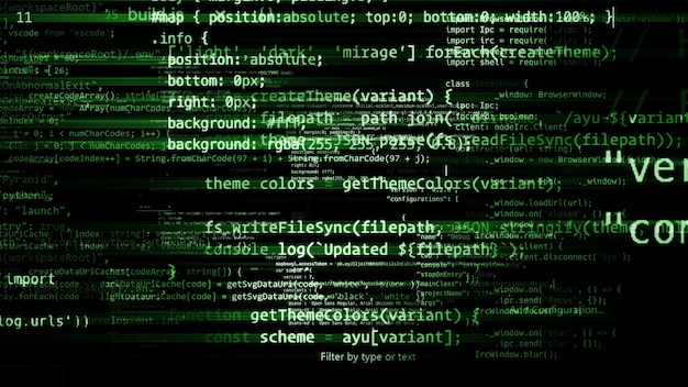 3D-Rendering abstrakter Codeblöcke, die sich im virtuellen Raum befinden. Kamera im Computercode